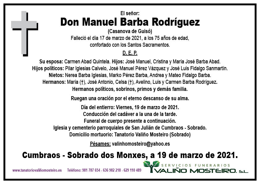 Esquela de Manuel Barba Rodríguez.