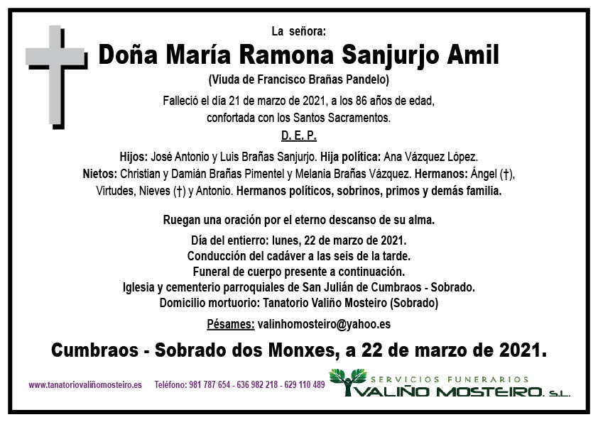 Esquela de María Ramona Sanjurjo Amil.