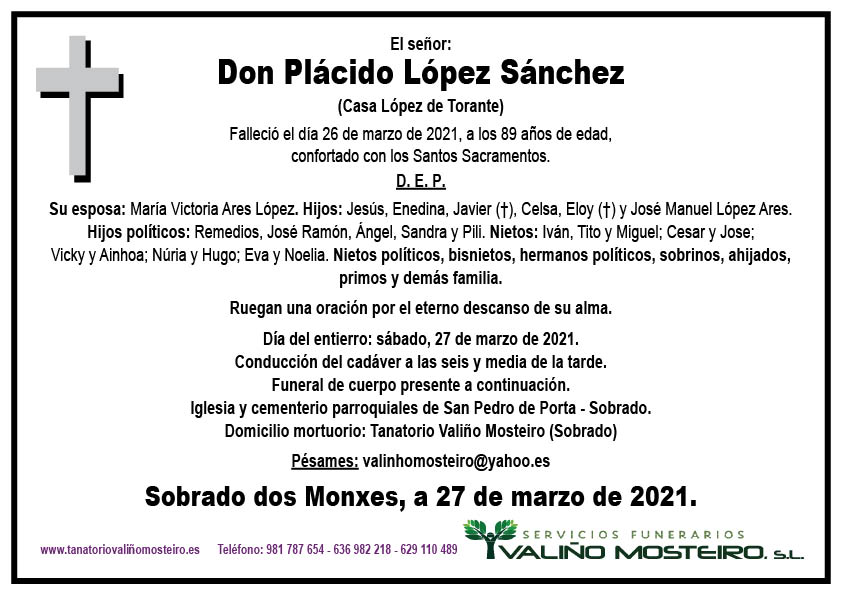 Esquela de Plácido López Sánchez.