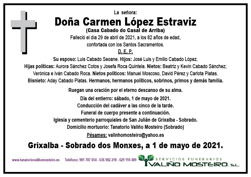 Esquela de Carmen López Estraviz.