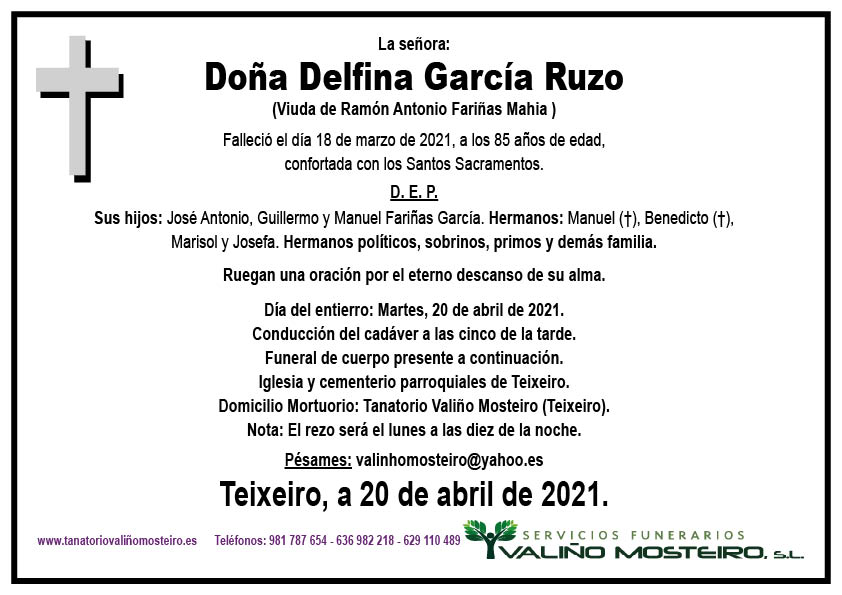 Esquela de Delfina García Ruzo.