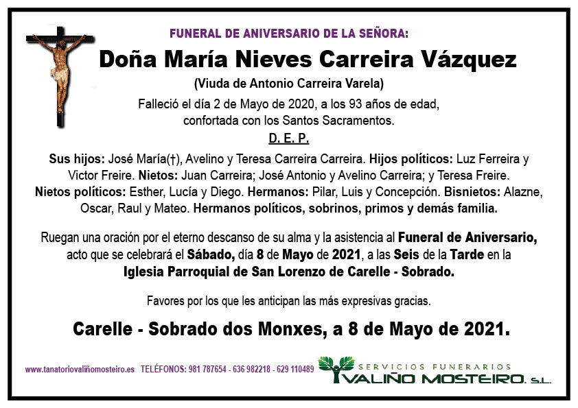 Esquela de María Nieves Carreira Vázquez.