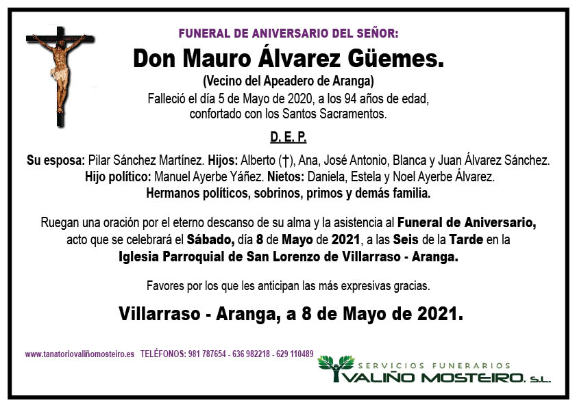 Esquela de Mauro Álvarez Güemes.