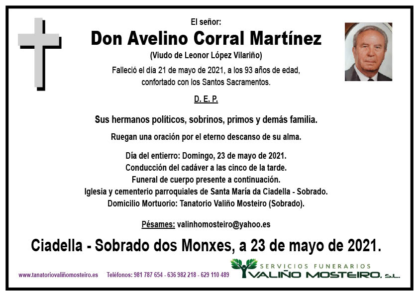 Esquela de Avelino Corral Martínez.