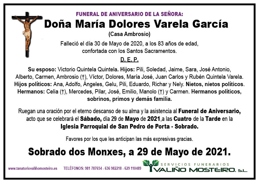 Esquela de María Dolores Varela García.