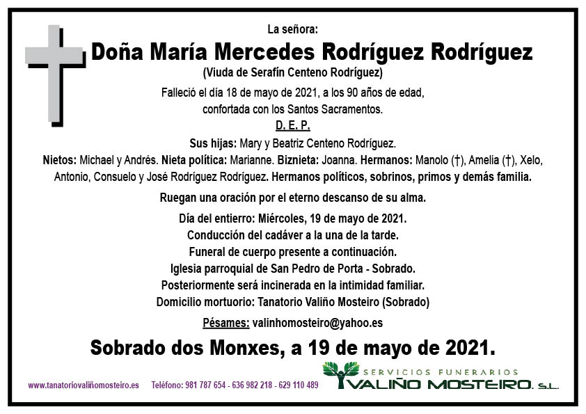 Esquela de María Mercedes Rodríguez Rodríguez.