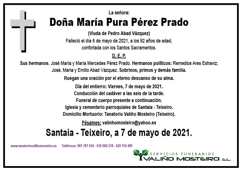 Esquela de María Pura Pérez Prado.