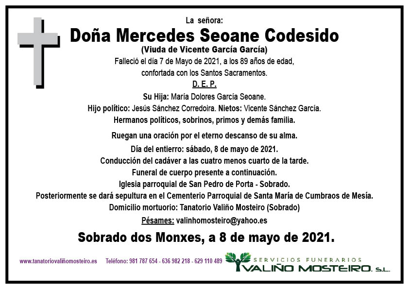 Esquela de Mercedes Seoane Codesido.