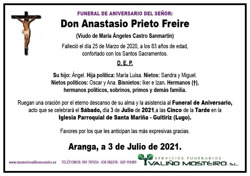 Esquela de Anastasio Prieto Freire.