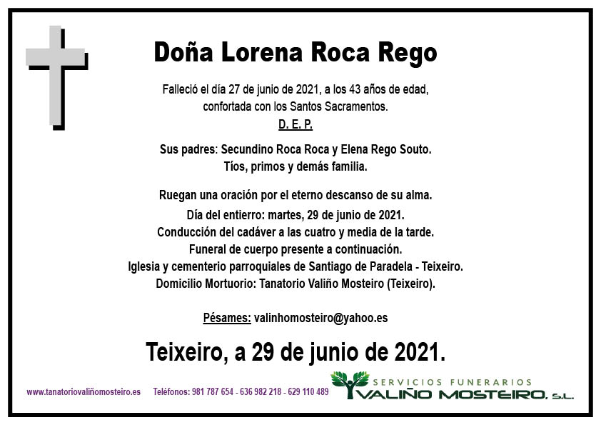 Esquela de Lorena Roca Rego.