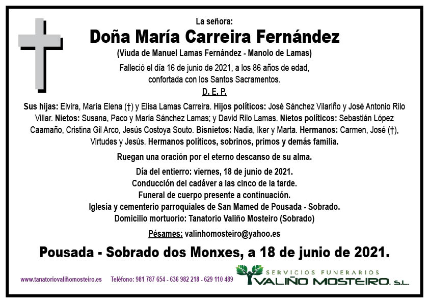 Esquela de María Carreira Fernández.