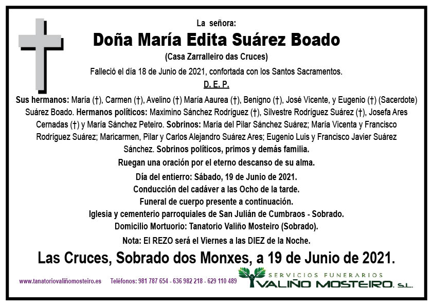 Esquela de María Edita Suárez Boado.