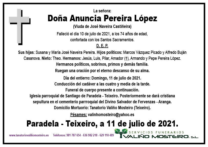 Esquela de Anuncia Pereira López.