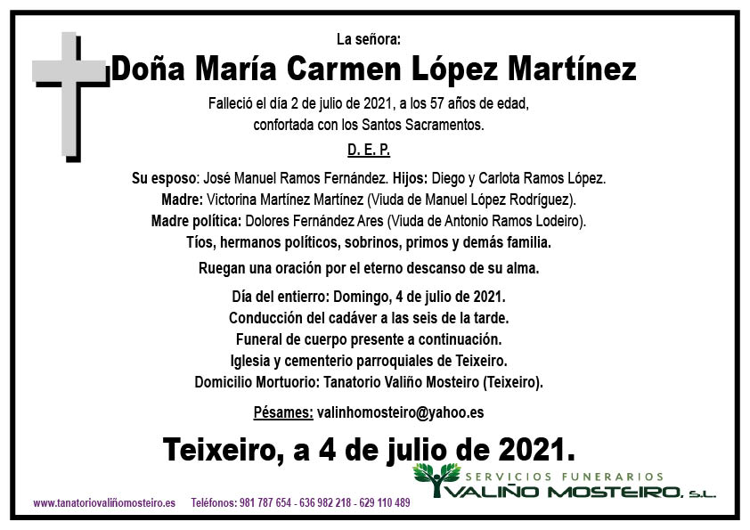 Esquela de María Carmen López Martínez.