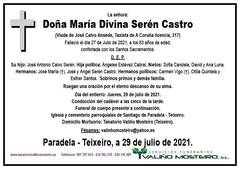 Esquela de María Divina Serén Castro.