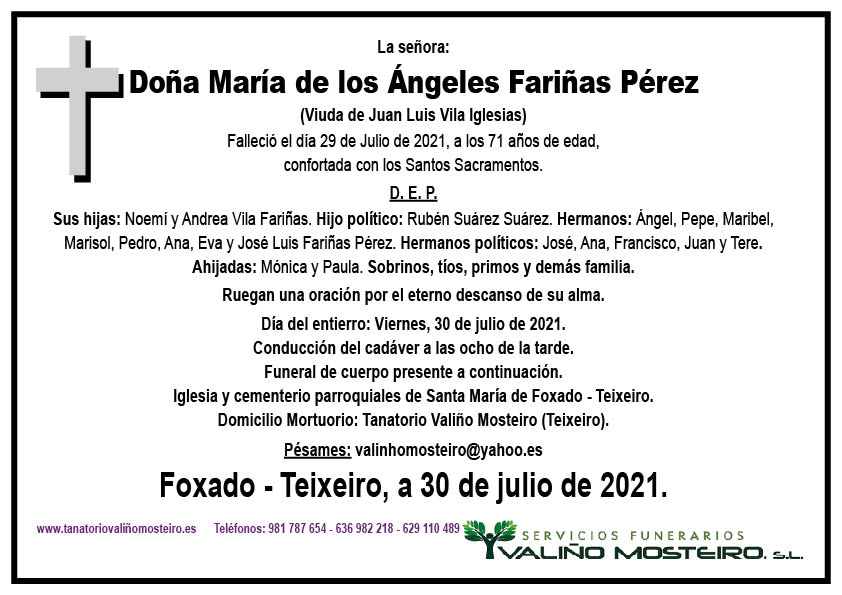 Esquela de María de los Ángeles Fariñas Pérez.