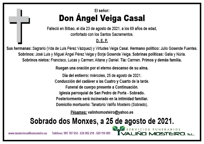 Esquela de Ángel Veiga Casal.