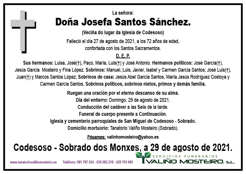 Esquela de Josefa Santos Sánchez.