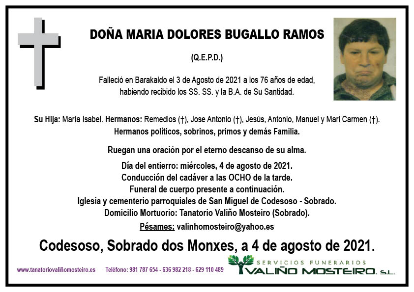 Esquela de María Dolores Bugallo Ramos.