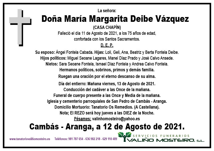 Esquela de María Margarita Deive Vázquez.