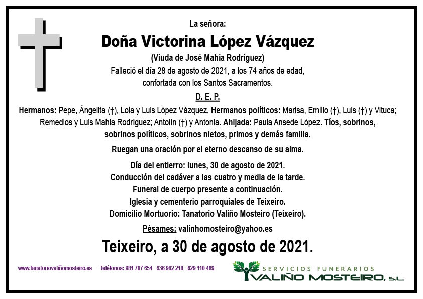 Esquela de Victorina López Vázquez.