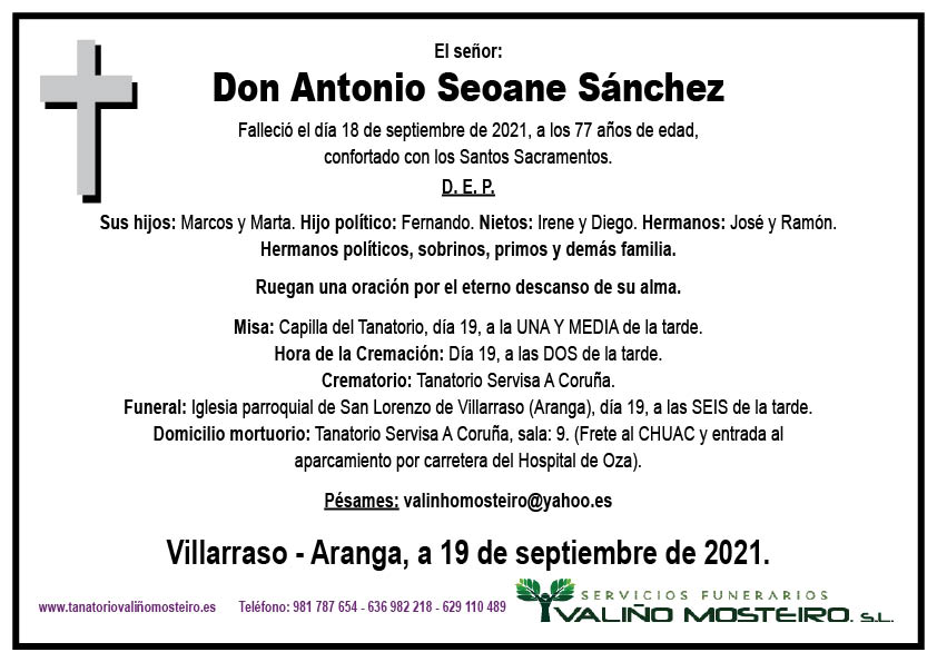 Esquela de Antonio Seoane Sánchez.