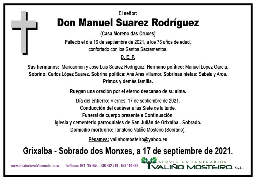 Esquela de Manuel Suarez Rodríguez.