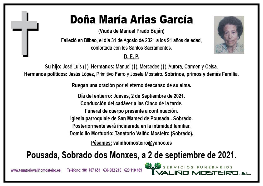 Esquela de María Arias García.