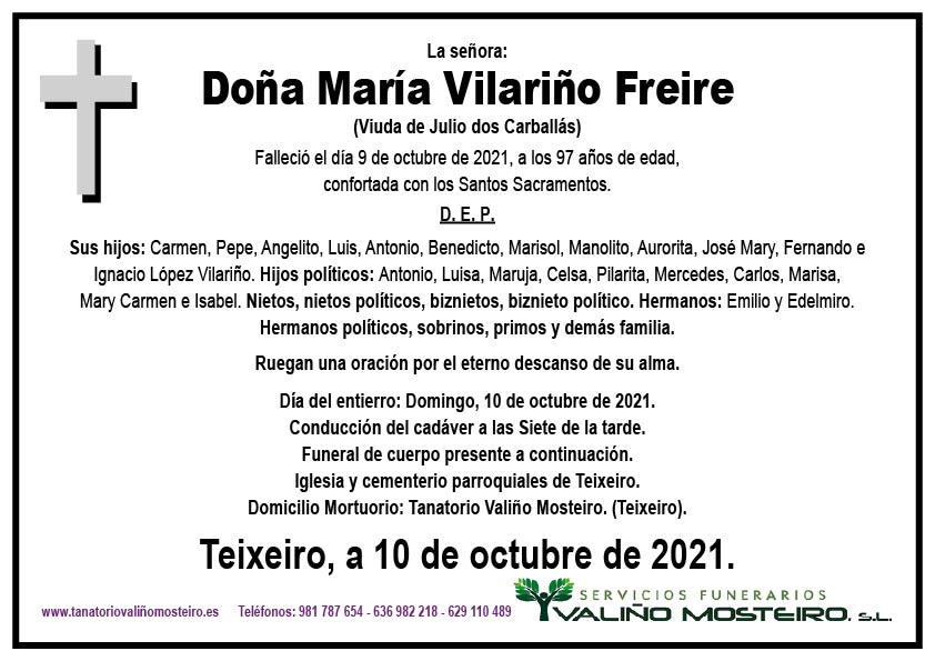 Esquela de María Vilariño Freire.