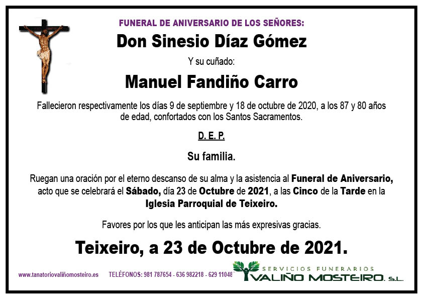 Esquela de Sinesio Díaz Gómez y Manuel Fandiño Carro.