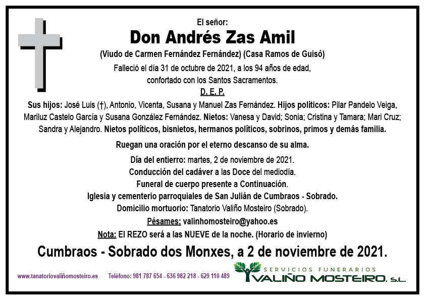 Esquela de Andrés Zas Amil.