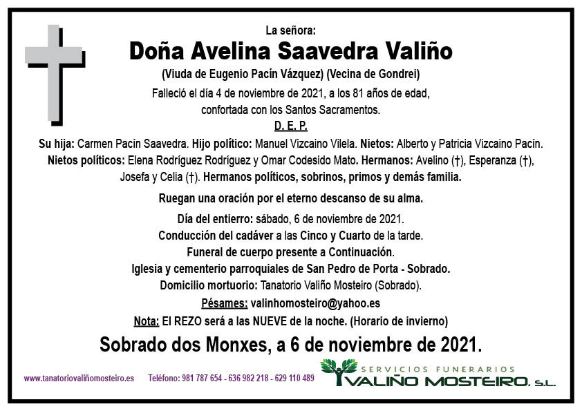 Esquela de Avelina Saavedra Valiño.