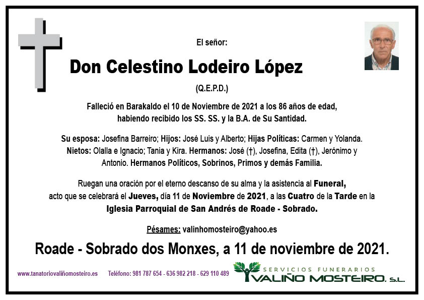 Esquela de Celestino Lodeiro López.