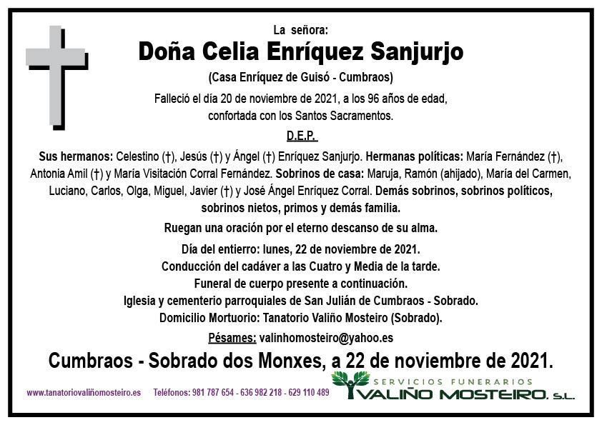 Esquela de Celia Enríquez Sanjurjo.