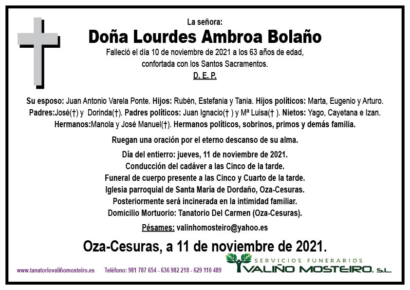 Esquela de Lourdes Ambroa Bolaño.