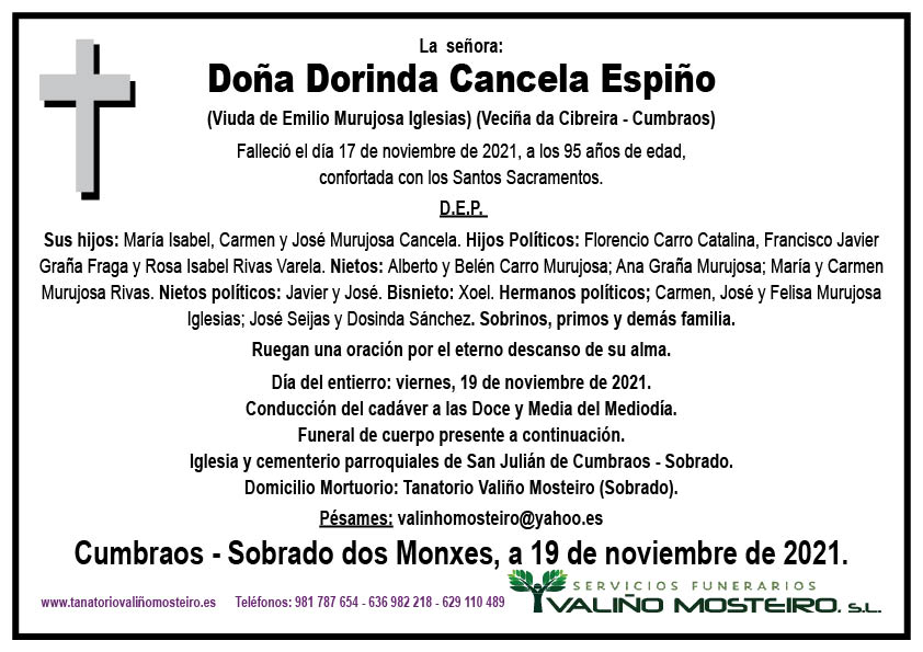 Esquela de Dorinda Cancela Espiño.