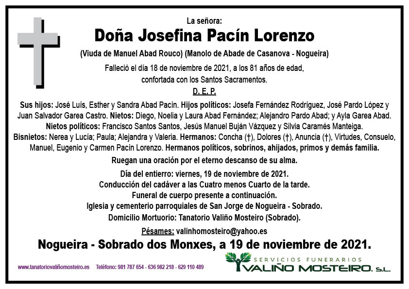 Esquela de Josefina Pacín Lorenzo.