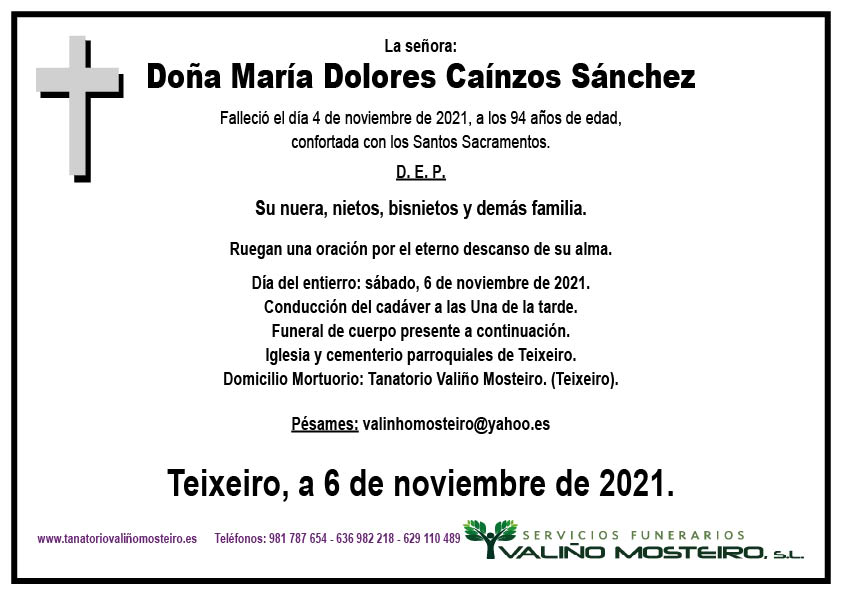 Esquela de María Dolores Caínzos Sánchez.