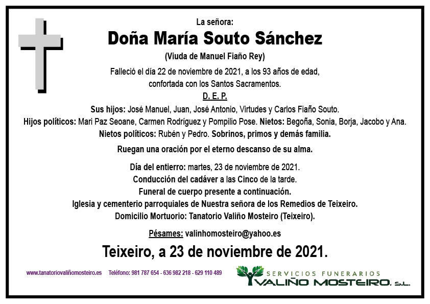 Esquela de María Souto Sánchez.