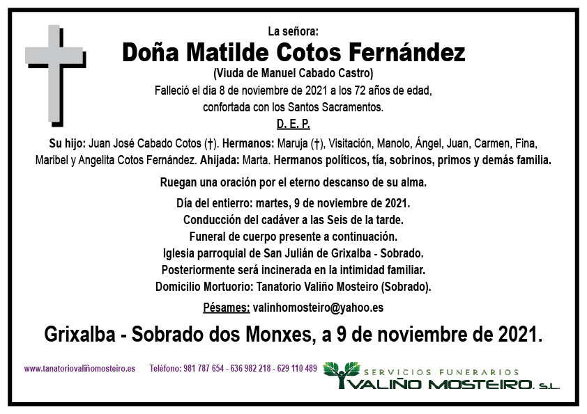 Esquela de Matilde Cotos Fernández.