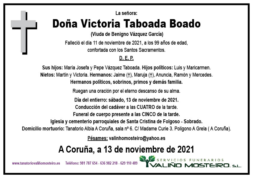 Esquela de Victoria Taboada Boado.