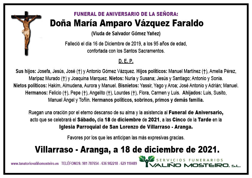 Esquela de María Amparo Vázquez Faraldo.