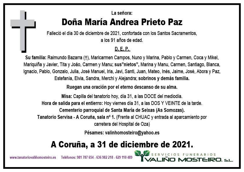 Esquela de María Andrea Prieto Paz.