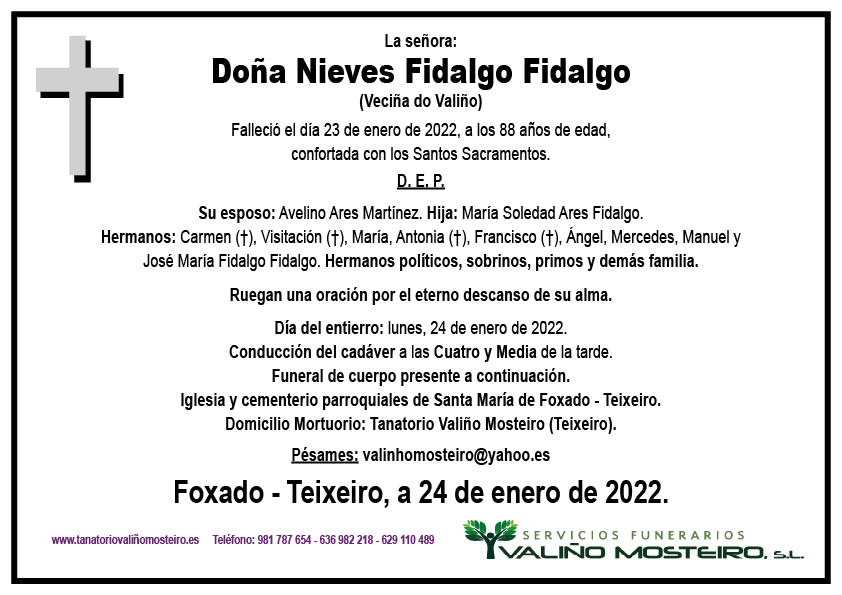 Esquela de Nieves Fidalgo Fidalgo.