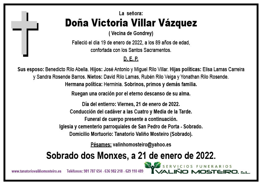 Esquela de Victoria Villar Vázquez.