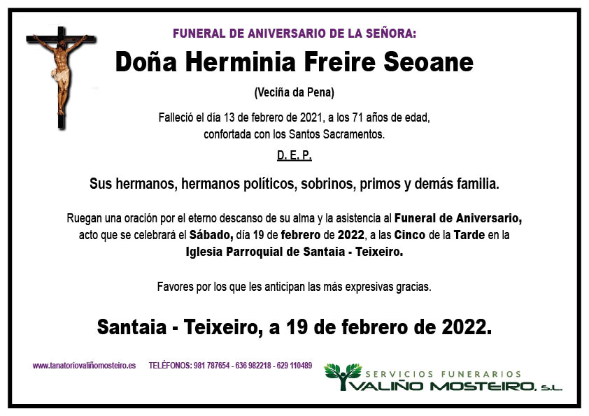 Esquela de Herminia Freire Seoane.