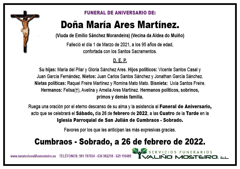 Esquela de María Ares Martínez.