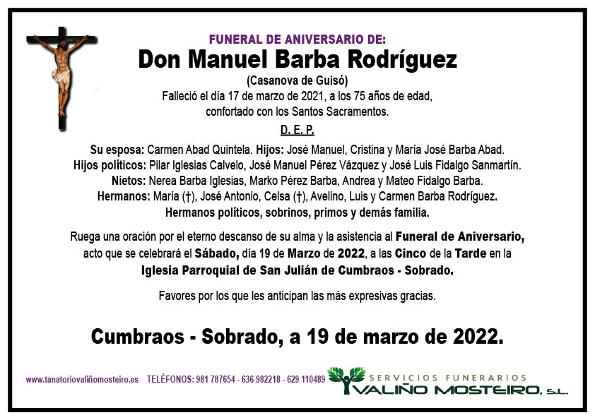 Esquela de Manuel Barba Rodríguez.