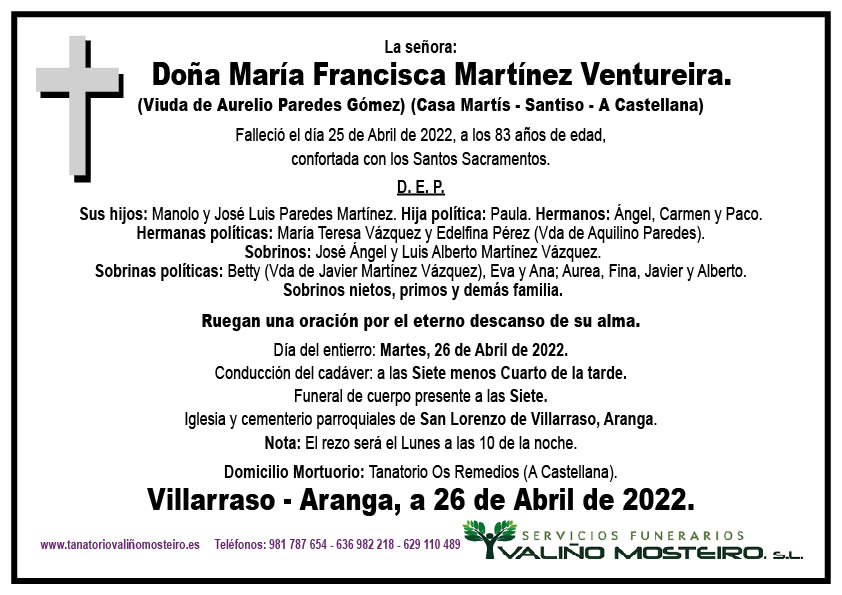 Esquela de María Francisca Martínez Ventureira.