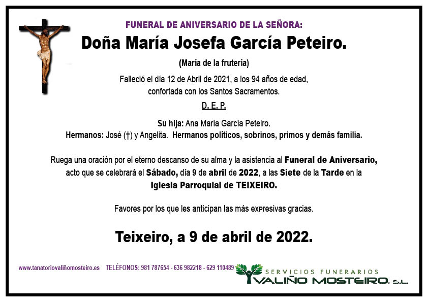 Esquela de María Josefa García Peteiro.